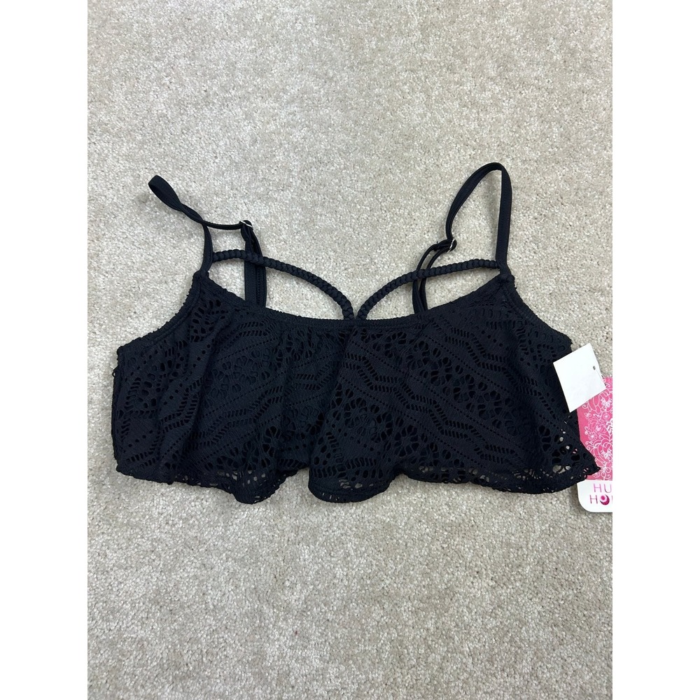 HULA‎ HONEY Women's Swimwear Black M Crochet Flounce Bikini Top Adjustable Strap